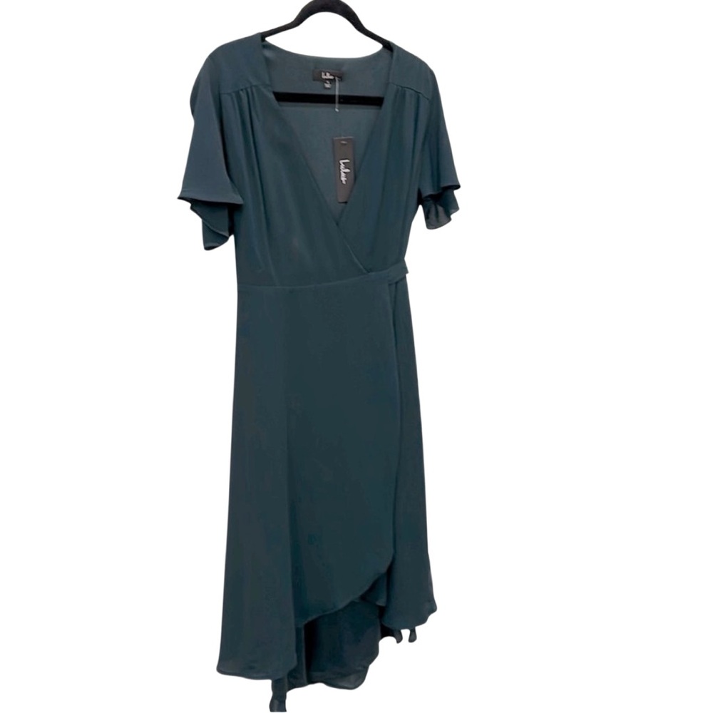 New Lulus Dark Green High Low Wrap Dress w Flutter Sleeves Midi Large NWT